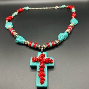 Howlite, Turquoise & Silver Tone Cross Necklace Maximalism Bold Western Cowgirl
